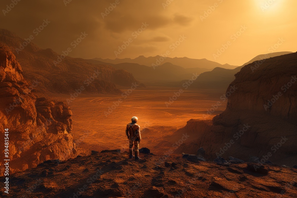 Stunning picture of the Martian landscape, showcasing an astronaut standing on the edge of a crater, gazing towards an open valley with untouched beauty. Created with generative A.I. technology.