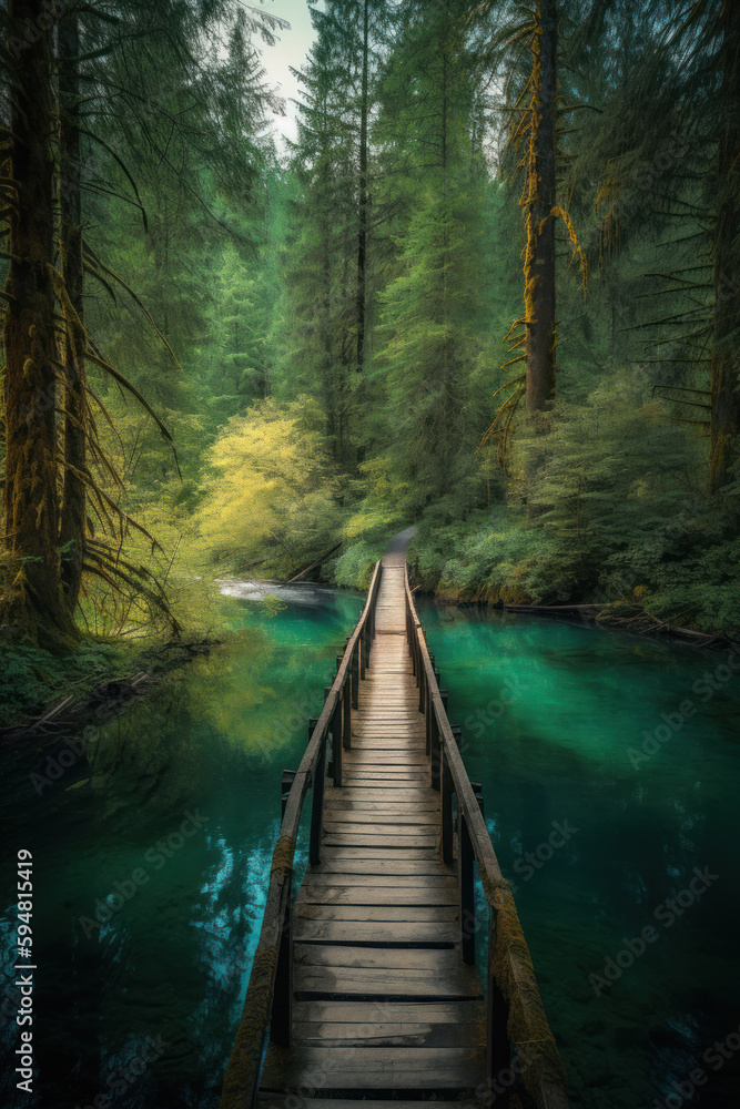 Fototapeta premium Breathtaking image of a crystal-clear lake nestled amidst a verdant forest, featuring a narrow bridge that spans across the water. Created with generative A.I. technology.