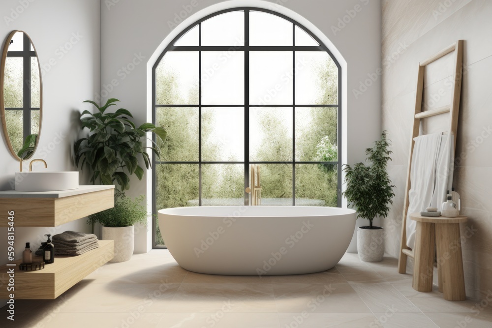 Modern bathroom interior design with big bathtub in front of a huge window, featuring natural daylight, a few indoor plants, and warm desaturated color tones. Created with generative A.I. technology. Modern bathroom interior design with big bathtub in front of a huge window, featuring natural daylight, a few indoor plants, and warm desaturated color tones. Created with generative A.I. technology.