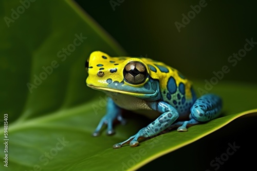 Stunning macro photograph of a blue and yellow frog perched on a green tropical leaf. Capturing intricate details and textures, with soft diffused lighting. Created with generative A.I. technology.