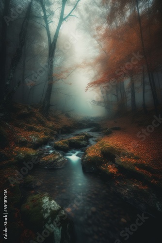 Stunning image of a misty autumn forest with small creek and mossy stones, featuring a moody and dramatic style and captures the beauty of the mystery forest. Created with generative A.I. technology.