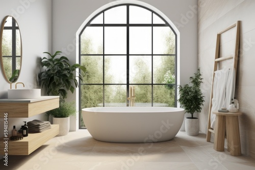 Modern bathroom interior design with big bathtub in front of a huge window  featuring natural daylight  a few indoor plants  and warm desaturated color tones. Created with generative A.I. technology.