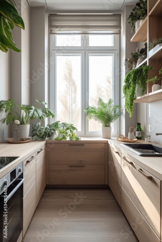 Modern narrow kitchen room interior design with a big window  natural daylight  indoor plants  and warm de-saturated color tones on the wooden surfaces. Created with generative A.I. technology.