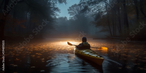 Kayaker on the Lake. Kayak Paddling. Kayaking. Water Sport and Recreation. Generative AI. Kayak tourists traveling on the river. Dark atmosphere. Water