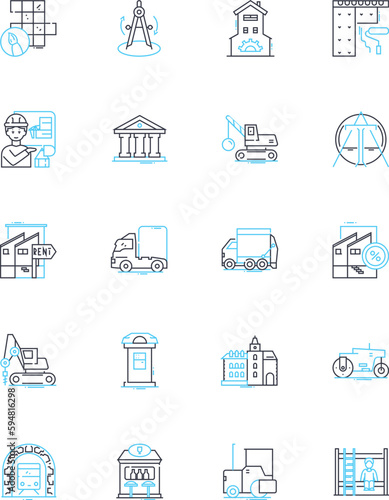 Urban planning linear icons set. Infrastructure, Architecture, Zoning, Transportation, Sustainability, Density, Pedestrianization line vector and concept signs. Urbanization,Redevelopment