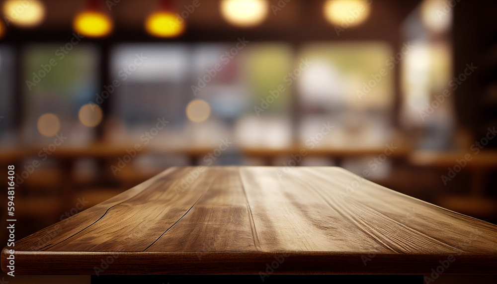 Empty wooden table with blurred background, planks against a blurry background, Generative AI