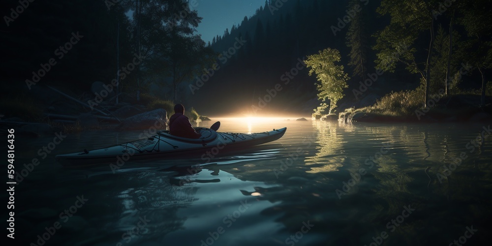 Kayaker on the Lake. Kayak Paddling. Kayaking. Water Sport and Recreation. Generative AI. Kayak tourists traveling on the river. Dark atmosphere. Water