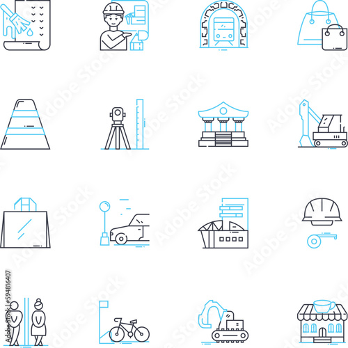 Skyscrapers linear icons set. Towering, Architectural, Urban, Majestic, Iconic, Futuristic, Skyline line vector and concept signs. Height,Glass,Concrete outline illustrations