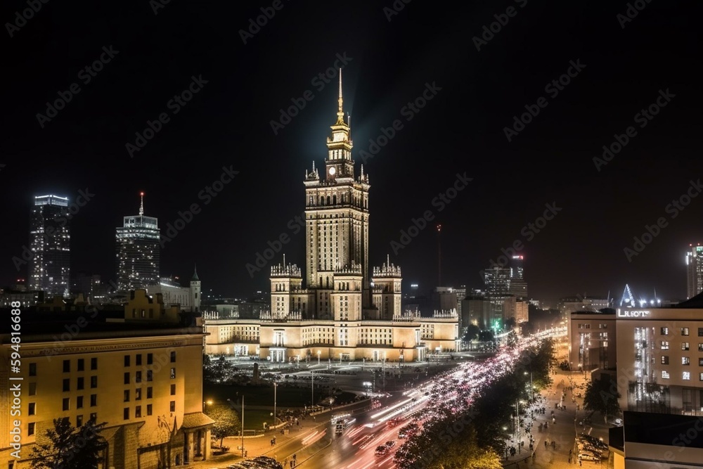 Constitution Square (PL: Plac Konstytucji) - a view of the center of night Warsaw with skyscrapers in the background - the lights of the big city by night, Poland, EU. Generative AI - obrazy, fototapety, plakaty 