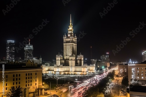 Constitution Square (PL: Plac Konstytucji) - a view of the center of night Warsaw with skyscrapers in the background - the lights of the big city by night, Poland, EU. Generative AI