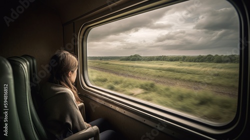 Train journey, interior of a train. Woman looking through the window, travel concept. Generative AI © David