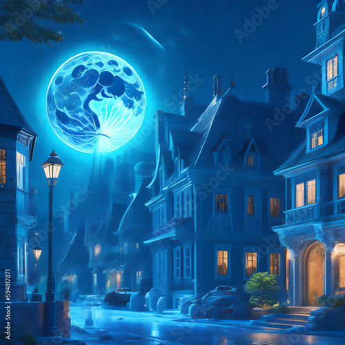 満月が大きく見える夜の町並み　Generative AI
