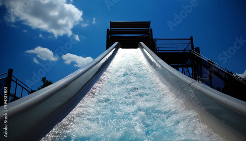 waterslide and clear blue sky with one soft white cloud photo