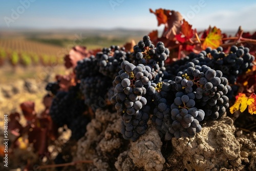 Ripe and dry bunches of red tempranillo grapes after harvest, vineyards of La Rioja wine region in Spain, Rioja Alavesa in winter. Generative AI photo