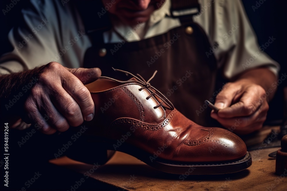 Close up shot of shoemaker repairing leather male shoes. Generative AI Close up shot of shoemaker repairing leather male shoes. Generative AI