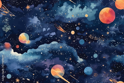 hand drawn seamless pattern of planet and space