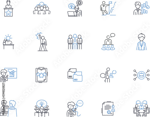 Desk jockeys line icons collection. Cubicle, Computer, Office, Keyboard, Mouse, Deadline, Spreadsheet vector and linear illustration. Paperwork,Meeting,Coffee outline signs set