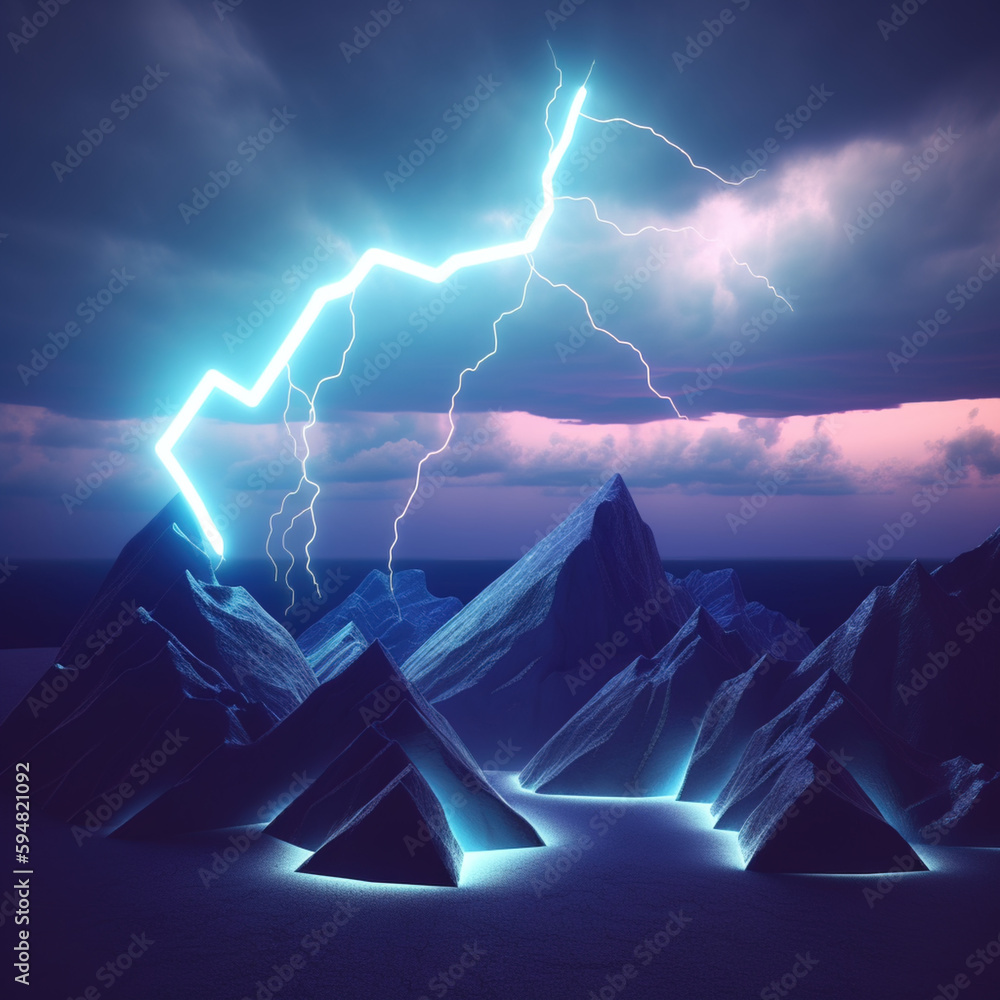 3d rendering. Abstract landscape background with glowing neon bolt symbol 3d rendering. Abstract landscape background with glowing neon bolt symbol