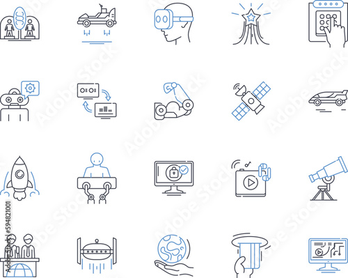 Electronic security line icons collection. Surveillance, Access, Firewall, Encryption, Biometric, Authentication, Intruder vector and linear illustration. Alarm,Camera,Lockdown outline signs set