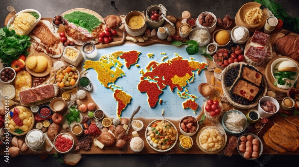 Food from many countries, parts of the world, representing diverse cuisines and cultures. Map world food. Generative AI