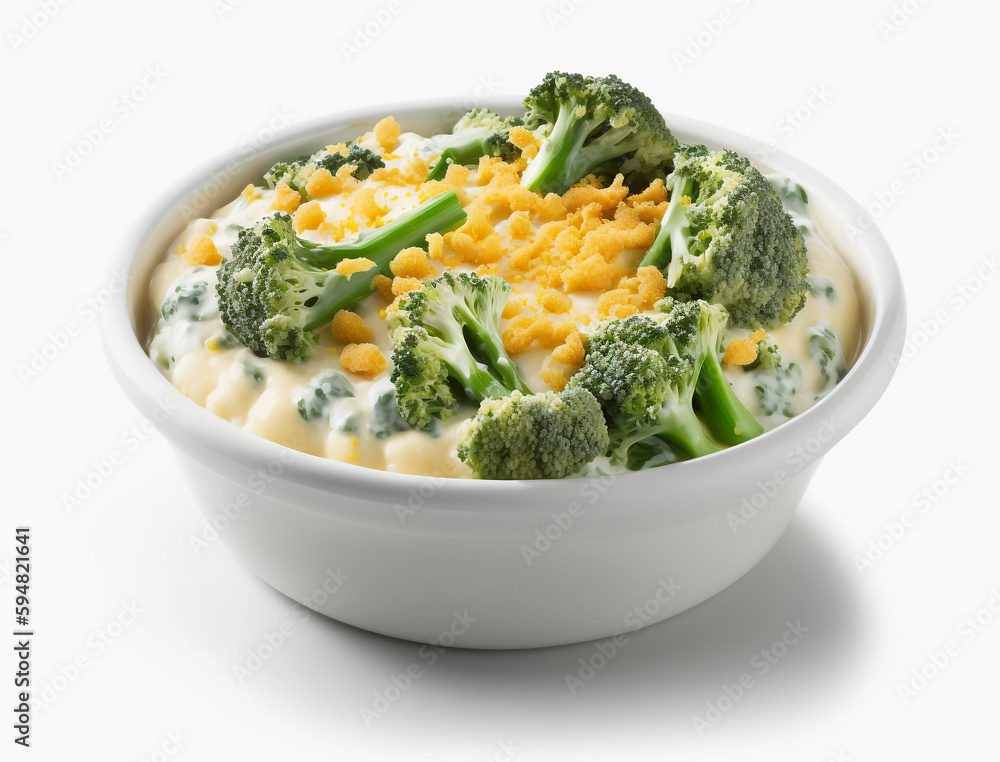 A bowl of broccoli and cheese with a white background. A bowl of broccoli and cheese with a white background.