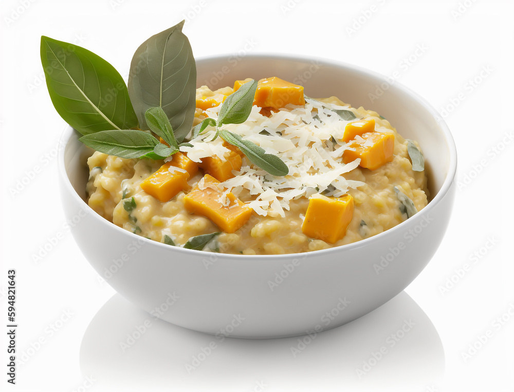 A bowl of soup with a green leaf on top A bowl of soup with a green leaf on top