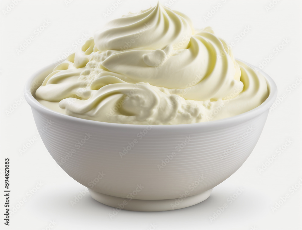 A bowl of sour cream sits on a white background. A bowl of sour cream sits on a white background.