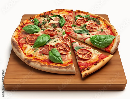 A pizza with tomatoes, basil, and basil on it