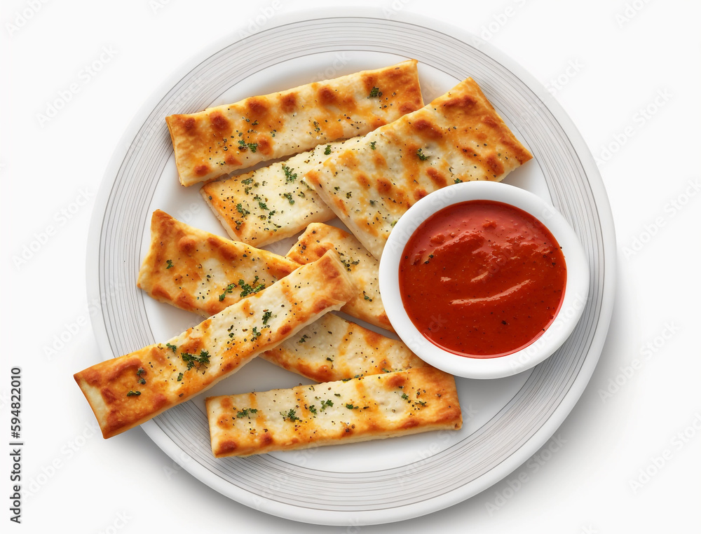 A plate of pizza sticks with a small bowl of marinara sauce. A plate of pizza sticks with a small bowl of marinara sauce.