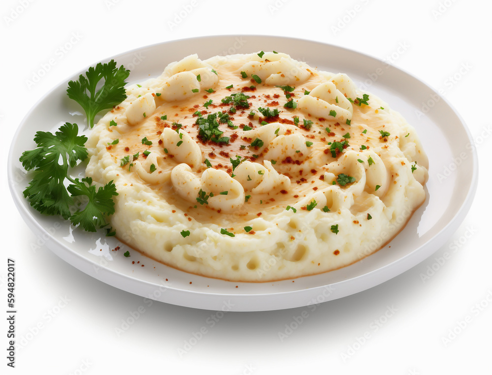 A plate of mashed potatoes with a red pepper on top. A plate of mashed potatoes with a red pepper on top.