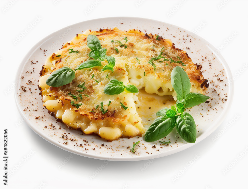 A plate of macaroni and cheese with a sprig of basil on top A plate of macaroni and cheese with a sprig of basil on top