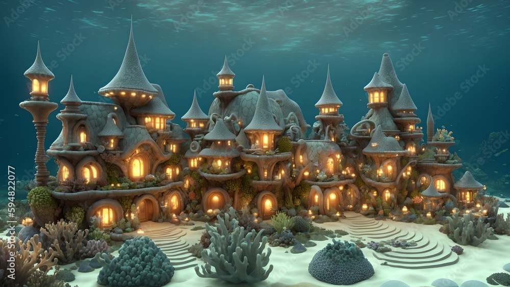 Landscape of an fairytale Art Nouveau style underwater village at the bottom of the ocean - Generative AI Illustration Landscape of an fairytale Art Nouveau style underwater village at the bottom of the ocean - Generative AI Illustration