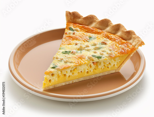 A slice of quiche is on a plate with a white background.