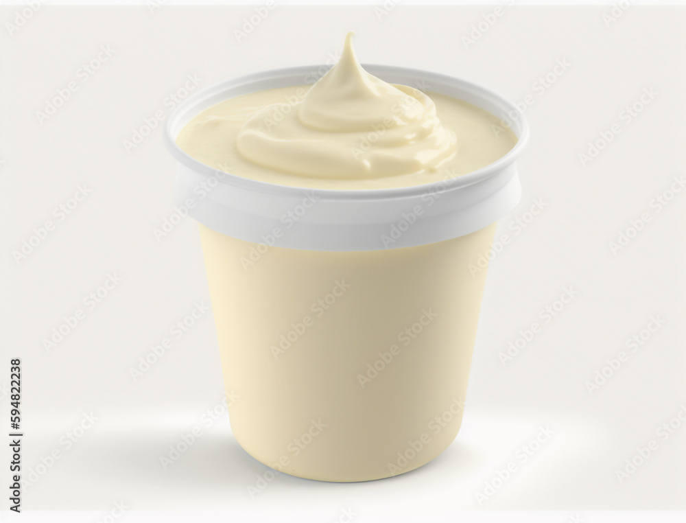 A plastic container of mayonnaise sits on a white surface. A plastic container of mayonnaise sits on a white surface.