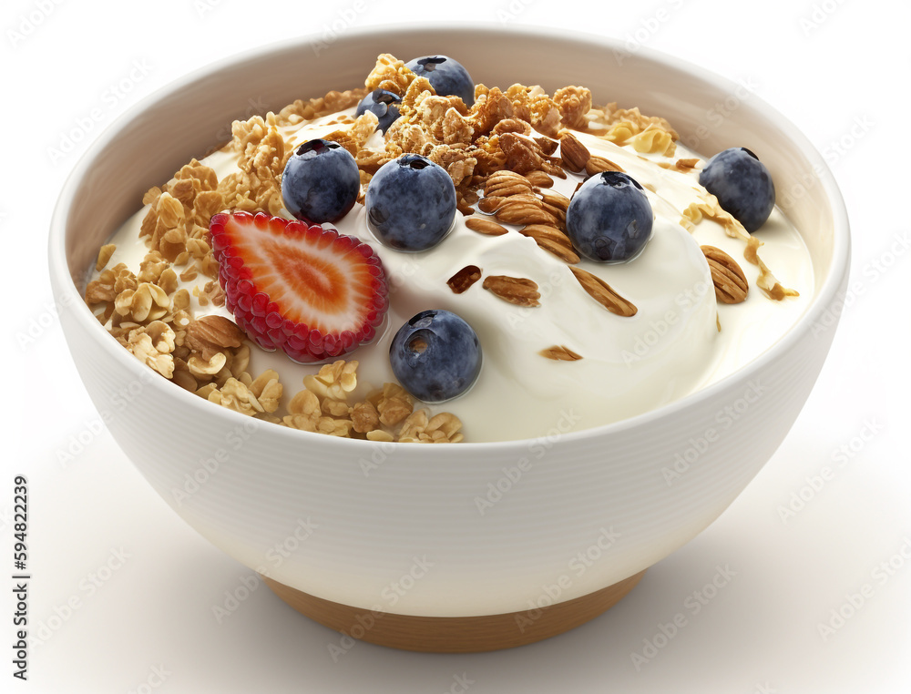 A bowl of granola with blueberries and strawberries sits on a white table. A bowl of granola with blueberries and strawberries sits on a white table.