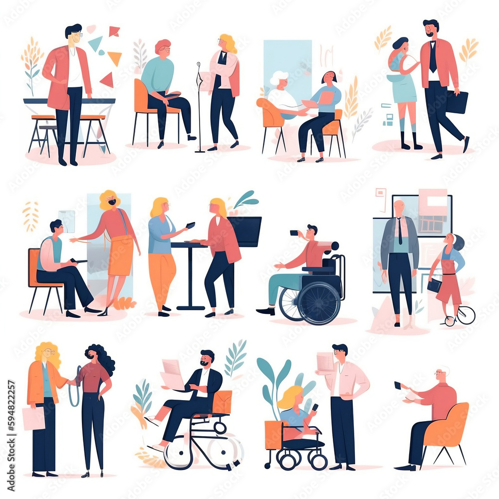 Business people illustration set. Diverse characters and persons with disability working together at office. People talking with colleagues and planning financial strategy. Generative ai.