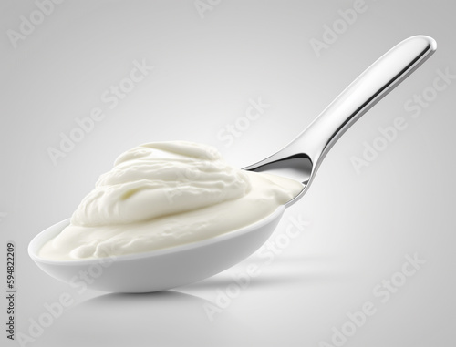 A spoon with a white yogurt on it