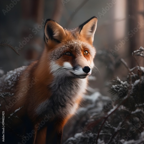 Red fox in winter forest. Beautiful wild animal in nature habitat © Ranya Art Studio