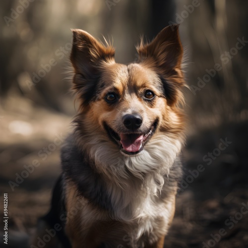 Portrait of happy dog on the background of the forest, Generative Ai