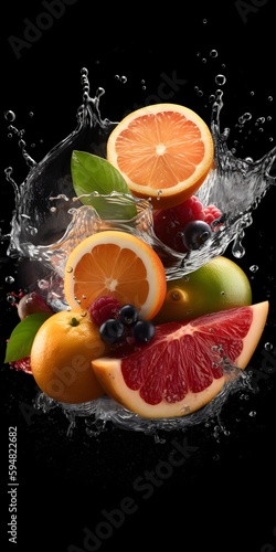 Fruit in water splash isolated on black background  Generative Ai