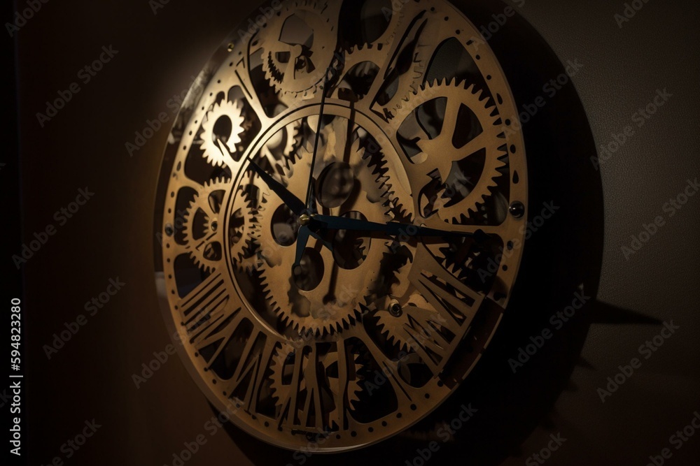 a close up of a clock with gears on it's face and a shadow on the wall behind it. Generative AI