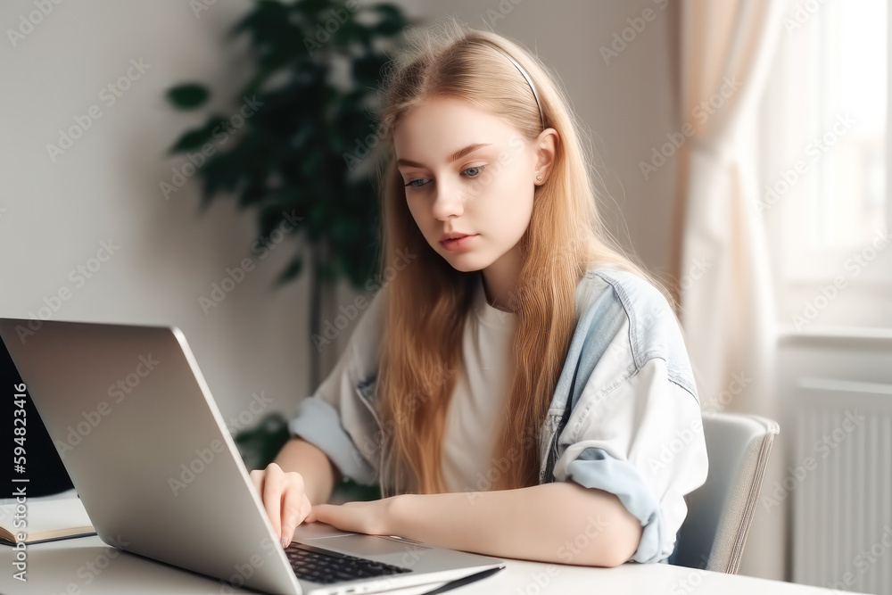 Young woman student using laptop computer at home studying online. Distance study, work from home, e-learning or business meeting online. High quality generative ai Young woman student using laptop computer at home studying online. Distance study, work from home, e-learning or business meeting online. High quality generative ai