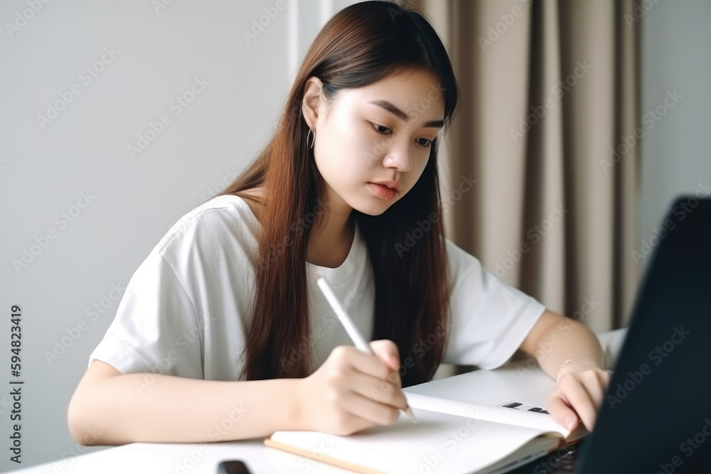 Young asian woman student using laptop computer at home studying online. Distance study, work from home, e-learning or business meeting online. High quality generative ai Young asian woman student using laptop computer at home studying online. Distance study, work from home, e-learning or business meeting online. High quality generative ai