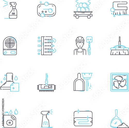 Sanitizing linear icons set. Disinfecting, Sterilizing, Purifying, Cleaning, Sanitizing, Antimicrobial, Germ-free line vector and concept signs. Decontaminating,Hygienic,Antibacterial outline