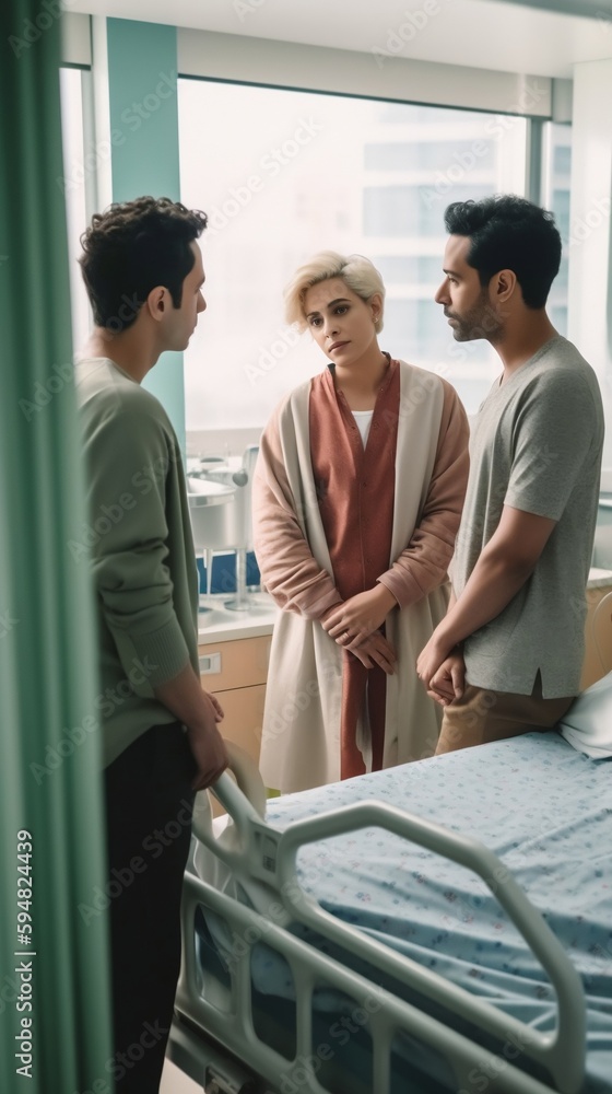 LGBTQ couple talking casually with doctor in front of a hospital bed. Generative AI LGBTQ couple talking casually with doctor in front of a hospital bed. Generative AI