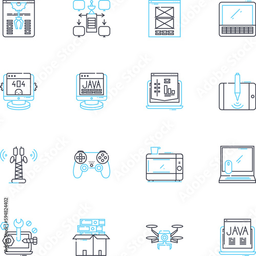 Parallel computing linear icons set. Concurrency, Multithreading, Distributed, Cluster, GPU, SIMD, Scalability line vector and concept signs. Performance,Multicore,Cache outline illustrations