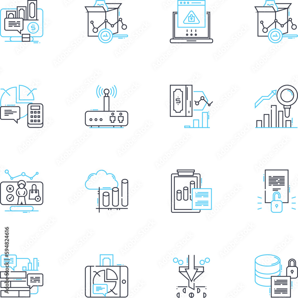 Investment valuation linear icons set. Assets, Capitalization, Cash flow, Discounting, Equity, Fair market value, Financial analysis line vector and concept signs. Future earnings,Growth potential