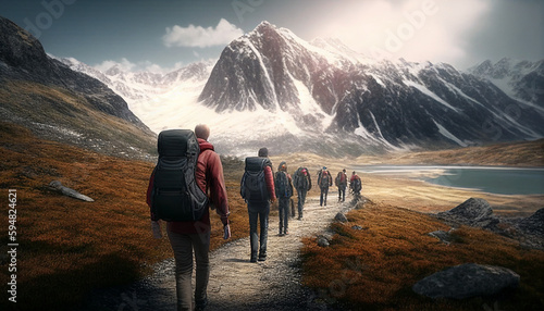 Hiker in the mountains, people going on a walking adventure for fun, Generative AI