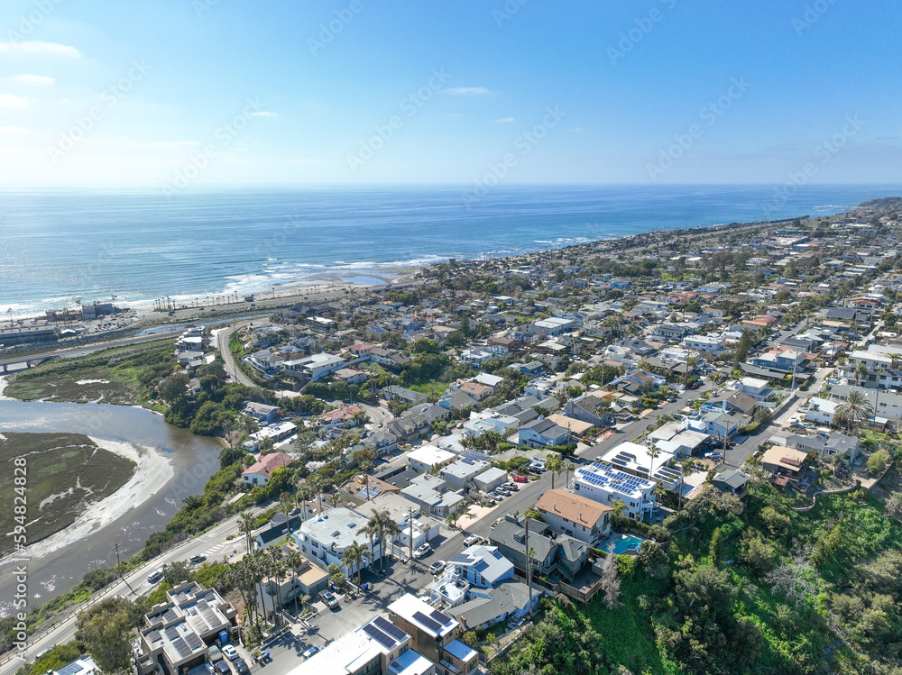 Aerial view of Wealthy Encinitas town in San Diego South California, USA. 
