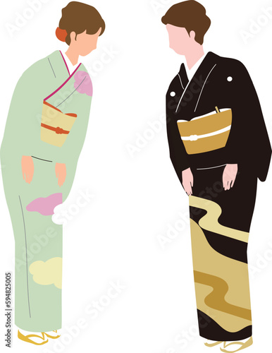 お辞儀をする礼装（正装、留袖、訪問着）の着物女性のベクターイラスト